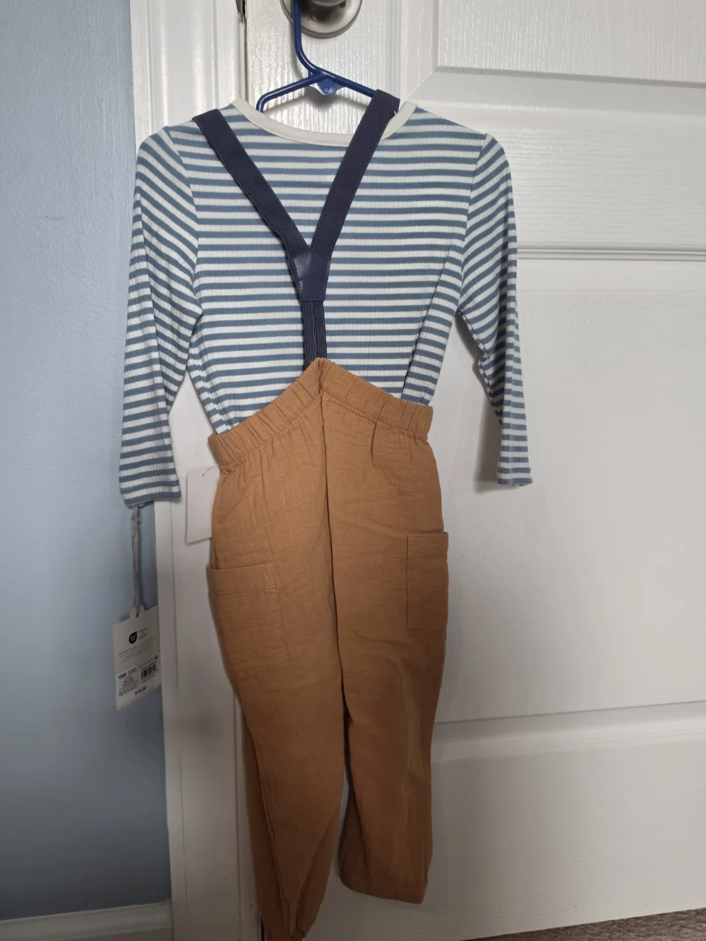 Cat & Jack Blue Striped Top with Tan Suspender Pants Kids Matching Set